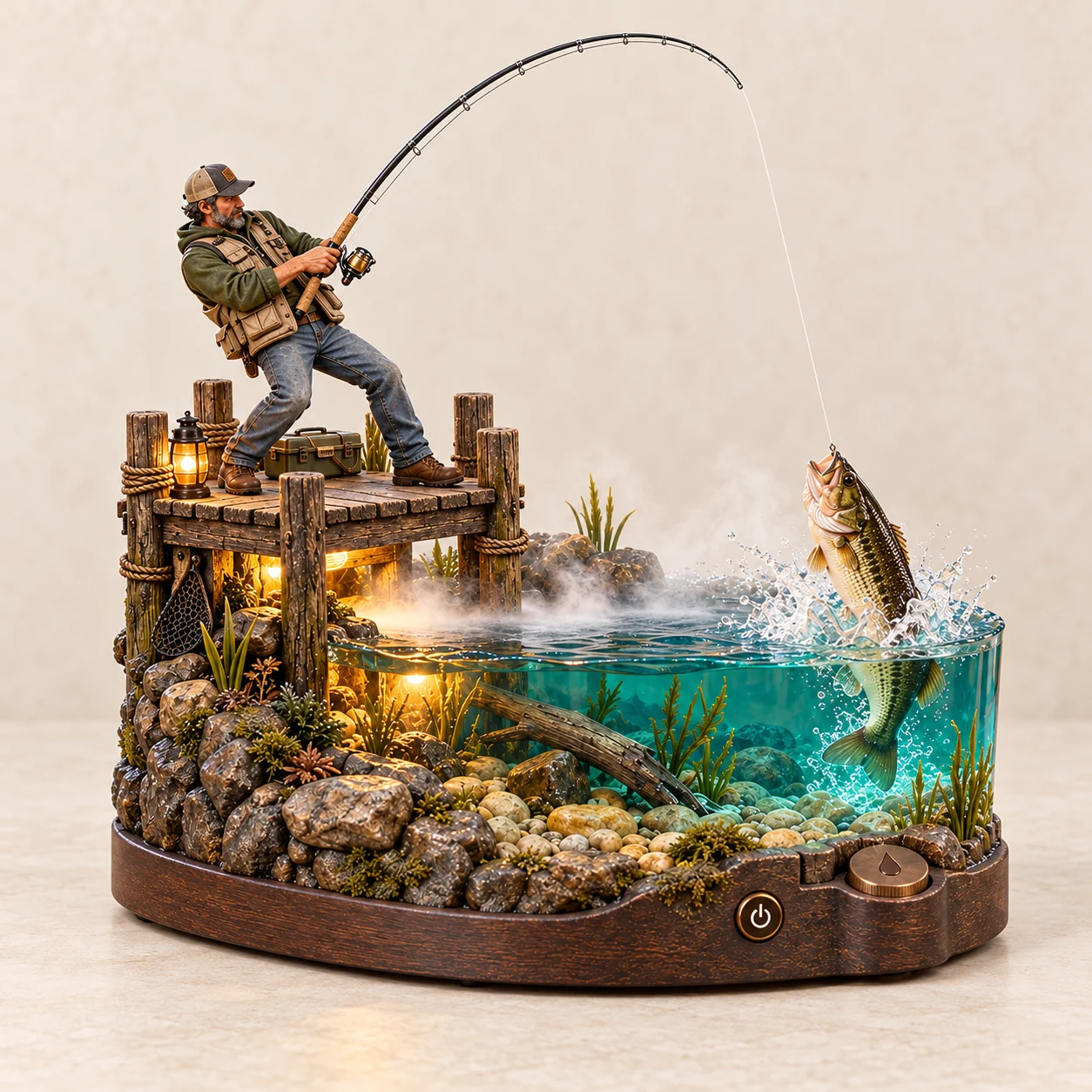 Big Catch humidifier with fisherman on a dock, jumping bass and clear teal lake base